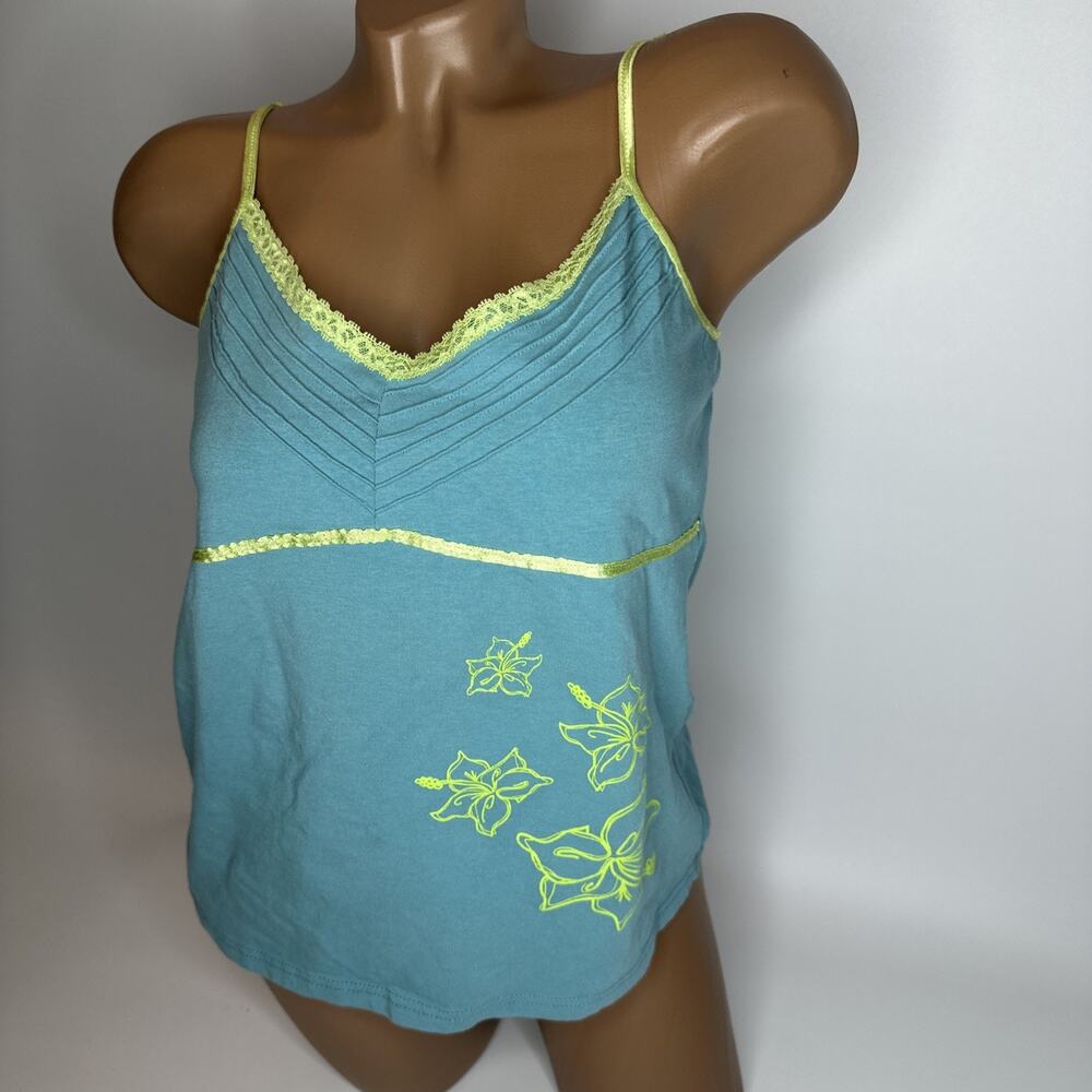 Y2K Dunia Aqua Cami Top Yellow Lace Trim Floral Graphic Tank Large Soft Girl - Picture 9 of 9
